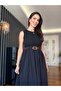 Black Sleeveless Belted Dress with Pockets - 2