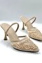 Lace Bead Detailed Elastic Women's Heeled Shoes Stiletto Beige - 6