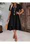 Women's Elegance V-Neck Short Sleeve Midi Black Crinkle Dress - 2