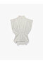 Viscose Fabric Pleated Detailed Sleeveless Waist-Fitted Double-Breasted Striped Poplin Blouse - 4