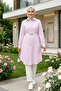 Women's Striped Patterned Belted Linen Pink Shirt - 2