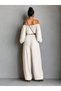 Women's Ecru Madonna Collar Crop Blouse and Shalwar Cut Loose Pants Two-Piece Set - 5