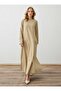 Linen Hijab Dress with Stitching Detail and Pockets - Dark Beige -