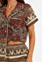 Organic Cotton Coffee Red Ethnic Shawl Patterned Women's Shirt Collar Shorts Pajama Set