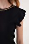 Women's Round Neck Ruffle Sleeve Black Blouse - 4
