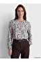 Beige Ruffled Mock Neck Patterned Blouse