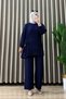 Leyla Takim Strawberry Fabric Women's Navy Blue Side Tie Detail Elastic Sleeves Two-Piece Set with Hijab Pants