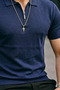 Men's Zippered Casual Navy Blue Slim Fit Polo Collar T-Shirt - 6