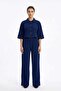 Women's Navy Blue Lycra Polyviscon Fabric Snap Detailed Shirt Collar Crop Top and Wide Leg Pants
