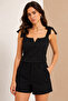 Black Bow Strap V Detailed Stretchy Women's Blouse