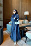 Navy Blue Shoulder Detail Waist Tie Dress - 2