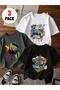 Printed Black - White - Anthracite 3-Piece Children's T-Shirt 100% Cotton Short Sleeve Knitted Crew Neck