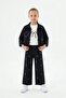 Black Embroidered Zippered Jean Jacket and Trousers Girls' 3-Piece Set 24140 - 3