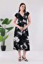 Women's Black White Floral Pattern Ruffle Sleeve Double Breasted Collar Plus Size Stretchy Maxi Dress - 4