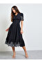 Black Contrast Embroidered A-Line Midi Dress - 3