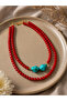 Red Double-Row Necklace with Turquoise Details - 3