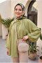 Oversized Tulle Voile Blouse with Tie Collar and Half Buttons - Green - 4