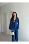 Indigo Blue Flounce Sleeves Button Detailed Linen Double Suit Wedding Invitation Graduation Prom - 2