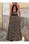 Women's Leopard Patterned Long Jersey Dress with Rope Straps at the Waist and Lace on the Back - 2