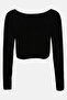 Women Scoop Neck Long Sleeve Ribbed Crop Top, Black - 3