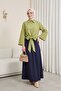 Tie-Waist Spanish Sleeve Poplin Shirt Blouse - Oil Green - 5