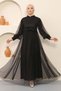 Pearl Detailed Tulle Evening Dress Black 12238