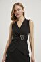 Women's Black Double-Breasted Collar Side Buckle Sleeveless Blouse