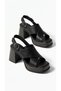 Elyzara Women's Black Leather Cross-Strapped Thick Heel Gold Buckle Wood Look Open-Front Heeled Sandals 7 cm - 3