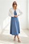Women's Indigo V-Neck Woven Viscose Loose Dress Elb-19002245