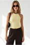 Women's Yellow Halter Neck Chain Decorated Fitted Stretchy Ribbed Blouse Blz-19003420 - 2