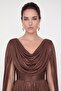 Women's Brown Chiffon Flowy Cape Sleeve Long Evening Dress - 3