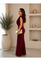 Women's Burgundy Degaje Collar Padded Long Evening Dress - 3