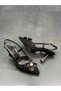 470 Women's Lace and Pearl Leaf Buckle Detailed Open Back Goblet Heel Evening Dress Shoes - 7