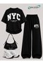 Summer Girls Boys Unisex Kids Nyc Printed Black Sweatpants and T-Shirt - 3
