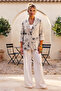 Italian Beige-Anthracite Jacket Lapel Collar 3/4 Sleeve Floral Buttoned Printed Casual 100% Linen Woven Jacket 75 60 - 6
