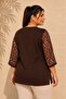 Women's Plus Size Sleeve Patterned Tulle Collar Hollow Out Pearl Accessory Wide Three-Quarter Sleeve Stretchy Viscose Blouse - 7