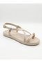 Cream Beige Flip-Flop Thermo Non-Slip Sole Gold Stone Detailed Ankle Support Women's Sandals - 4