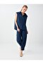 Navy Blue Elastic Waist Cotton Blend Poplin Trousers - 2
