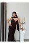 Brown Strapless Lace Corset Detailed Fish Model Evening Dress with Scarf - 4