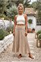 Beige Lined Foldable Fabric Waist Casual Cotton Long Woven Skirt 95 65 - 3