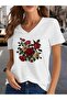 Women's Mix Printed V-Neck Sleeved Regular Fit Comfortable T-Shirt
