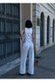 Women's Light Blue Denim Two-Piece Set - Sleeveless Jean Crop Top and Wide Leg Lycra Jeans Pants Set - 3