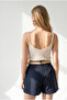 Women's Navy Blue Pleated Linen Shorts with Pockets Shrt-19000093 - 5