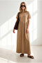 Women's Camel Asymmetrical Front Stitched Long Bell Cotton Dress Elb-19002446 - 2