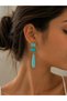 Women's Stainless Steel Gold Color Turquoise Stone Long Hanging Earrings - 2