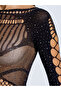 Black Rhinestone Open Mesh Detail Long Sleeve Bodysuit - 4