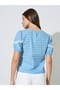 Blue Checked Puff Sleeve Blouse With Lace Trim - 4
