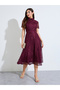 Maroon Lace A-Line Midi Dress With Tie-Belt