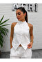 White 100% Linen Stand Collar Buttoned Vest and Trousers Set – Stylish, Breathable, Summer Women's Two-Piece Set - 2