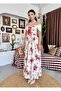 Ecru Red Floral Patterned Gipeli Lace-Up Madonna Collar Corset Detailed Long Dress - 4
